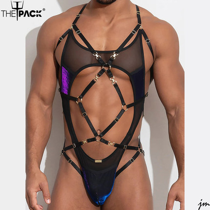 ThePack男士时尚性感镂空紧身网眼孔雀翎色绑带单丁连体服SS25U19