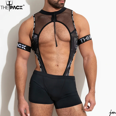 ThePack颈拉链臂环平角裤连体服