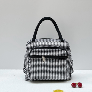 千鸟格多口袋手提包女时尚帆布便携通勤手拎袋妈咪外出便当饭盒袋