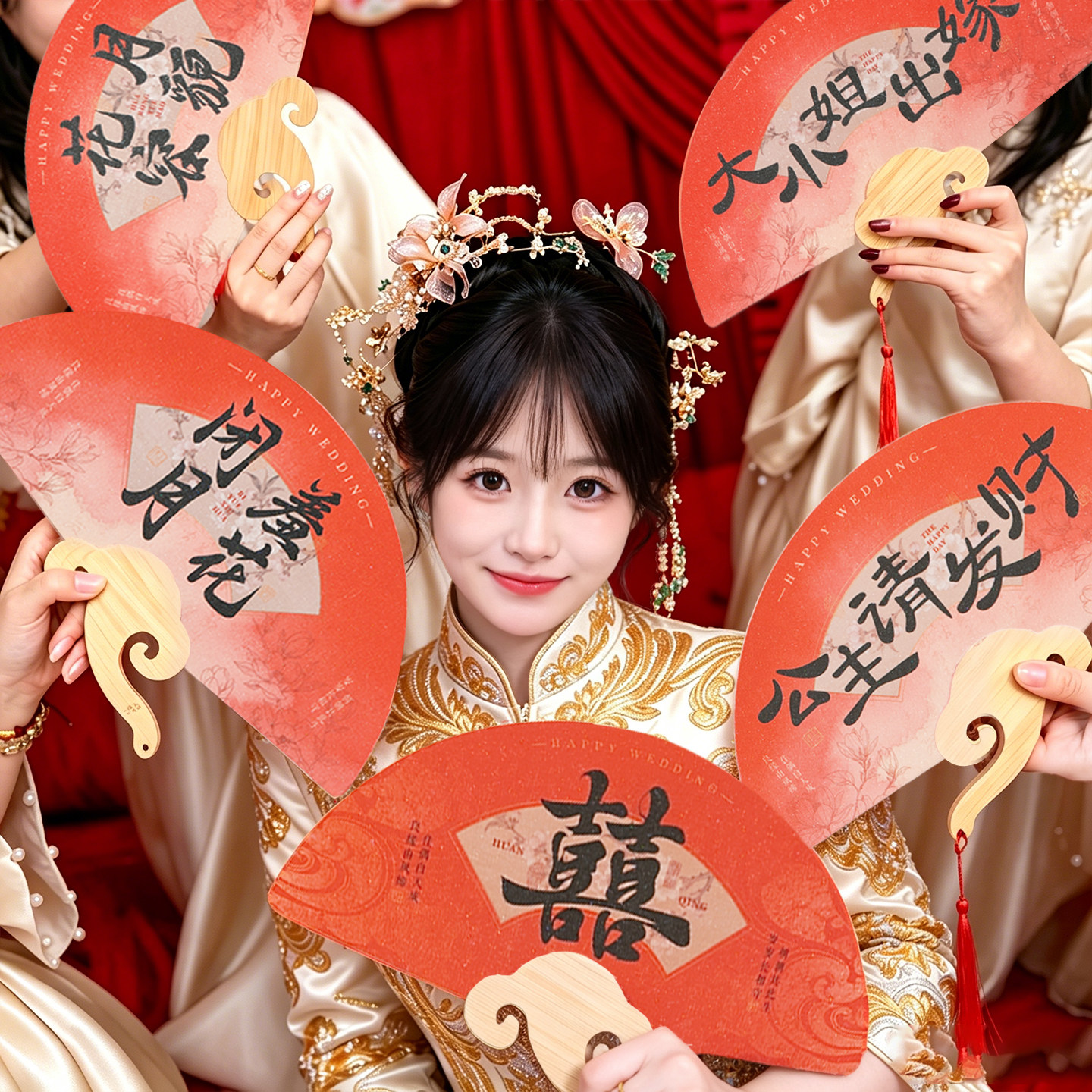 中式喜结婚团扇伴娘新娘晨袍道具图片