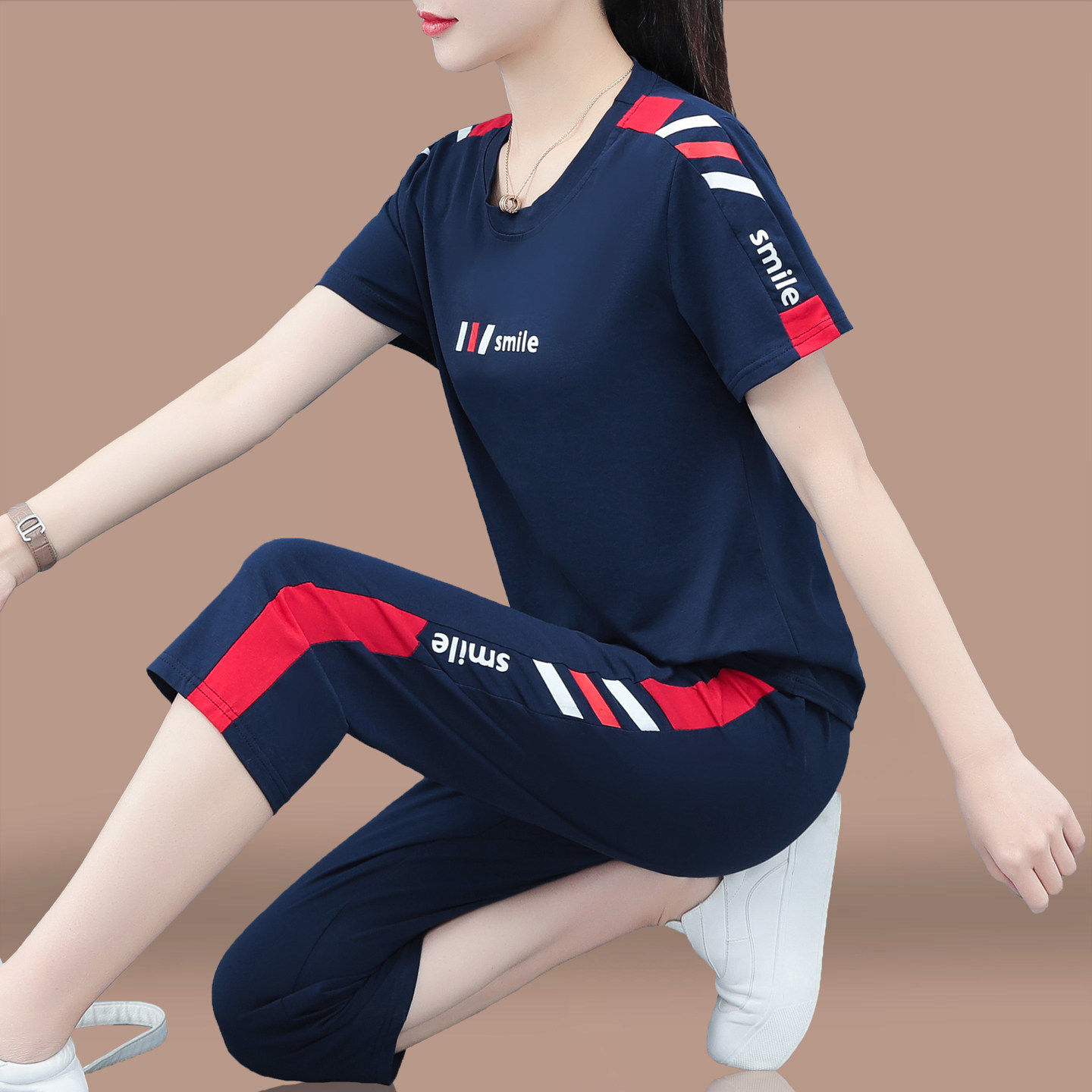 新品纯棉休闲运动服套装女士夏季薄款2026新款妈妈装短袖七分裤两