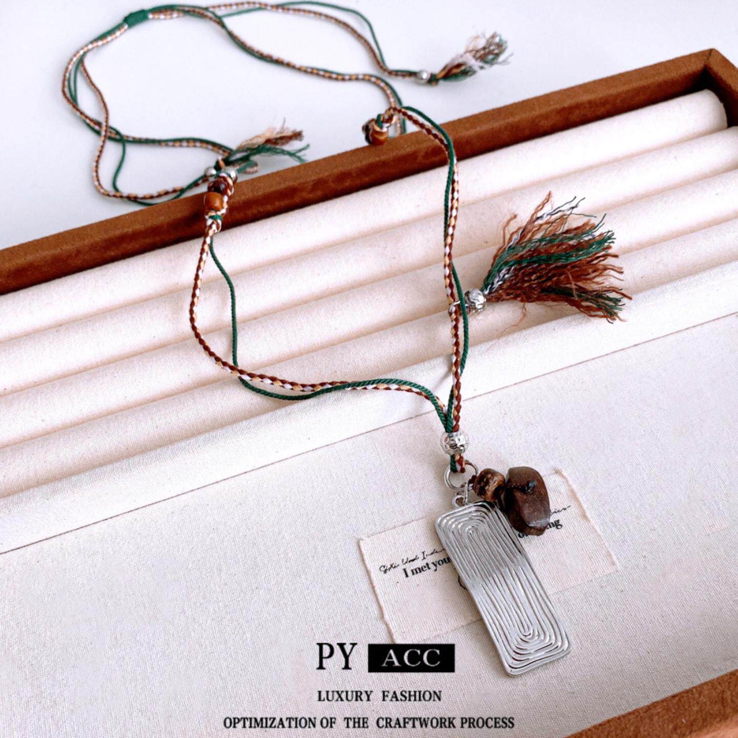 彩绳木头双层串珠方块吊坠项链民族风时尚百搭毛衣链休闲气质项饰