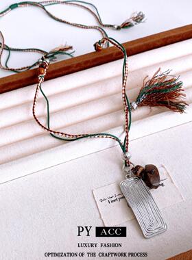 彩绳木头双层串珠方块吊坠项链民族风时尚百搭毛衣链休闲气质项饰