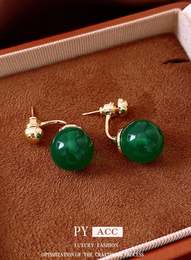 中古风银针绿色圆球耳环轻奢高级感时尚耳钉百搭简约耳饰小众