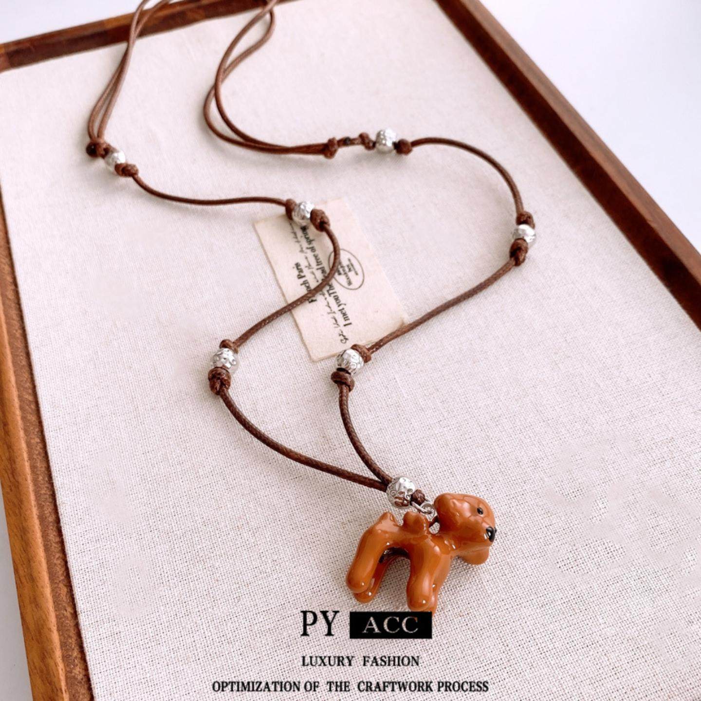 新中式复古滴油小狗吊坠项链时尚百搭气质毛衣链设计感小众项饰女