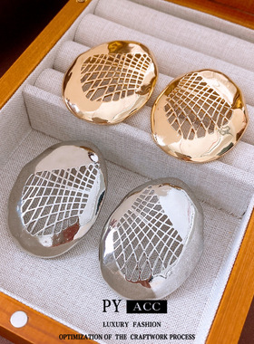 复古银针椭圆形镂空网格耳钉个性时尚百搭耳环简约设计感小众耳饰