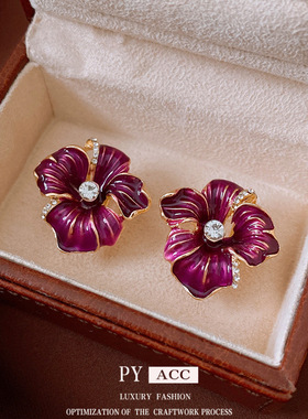 中古vintage银针滴油镶钻花朵耳环小众高级感气质耳钉复古耳饰女