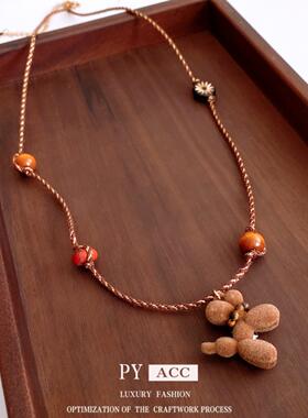 复古风木珠串珠小狗爱心可调节项链时尚精致毛衣链轻奢高级感项饰