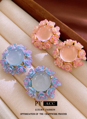 银针花朵圆形耳环氛围感典雅气质耳钉轻奢法式复古高级感耳饰