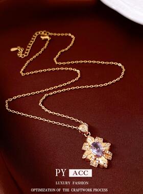 14k真金电镀菱形吊坠项链中古vintage轻奢毛衣链精致百搭项饰小众