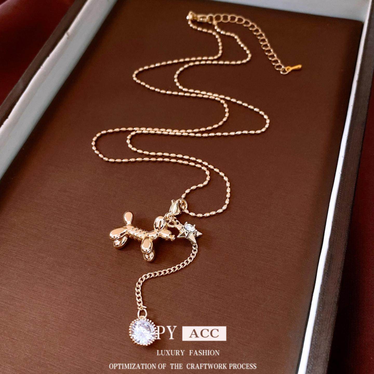 14K真金电镀小狗吊坠可调节项链轻奢高级感毛衣链时尚气质项饰女