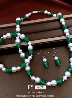 中古vintage珍珠玛瑙串珠圆形耳环手链项链轻奢高级感首饰套装女