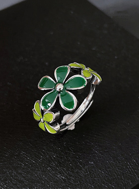 小众复古设计925纯银珐琅绿色花朵戒指女时尚轻奢高级冷淡风指环