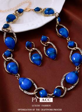 中古vintage树脂水滴形耳环项链复古宫廷风锁骨链个性百搭项饰女