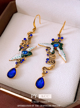 滴油镂空不对称仙鹤吊坠耳环中古风精致轻奢耳钩时尚气质耳饰