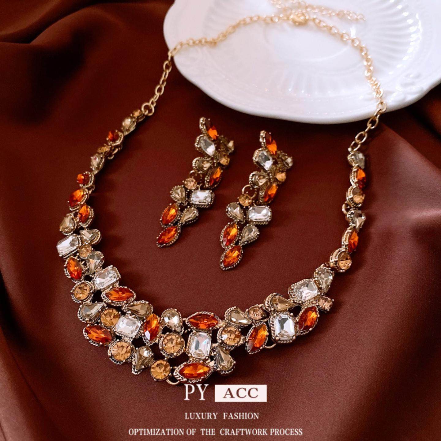 中古vintage镶钻水滴耳环项链复古轻奢毛衣链时尚大气首饰套装女,饰品/流行首饰/时尚饰品新,项链,淘宝优惠券,粉丝福利购,淘宝优惠卷