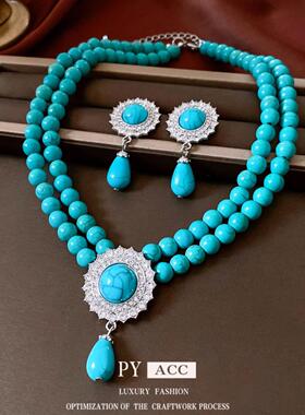 珍珠串珠水滴吊坠耳环项链复古百搭毛衣链中古vintage首饰套装女