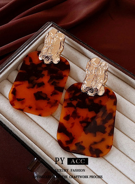 银针不规则长方豹纹耳环欧美美拉德耳钉复古高级感耳饰女