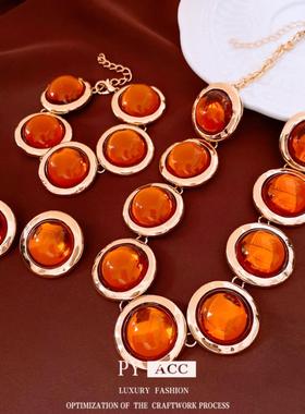 中古vintage树脂圆形耳环项链复古百搭毛衣链轻奢高级感首饰套装