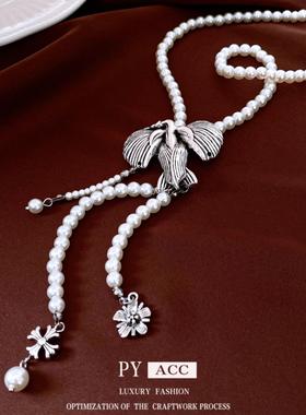 珍珠花朵串珠可调节吊坠项链中古vintage时尚毛衣链简约复古项饰