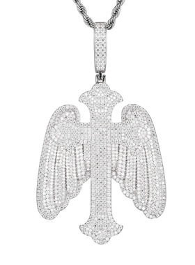 【ICRJAG】925银微镶莫桑个性天使之翼十字架吊坠嘻哈潮人项链男