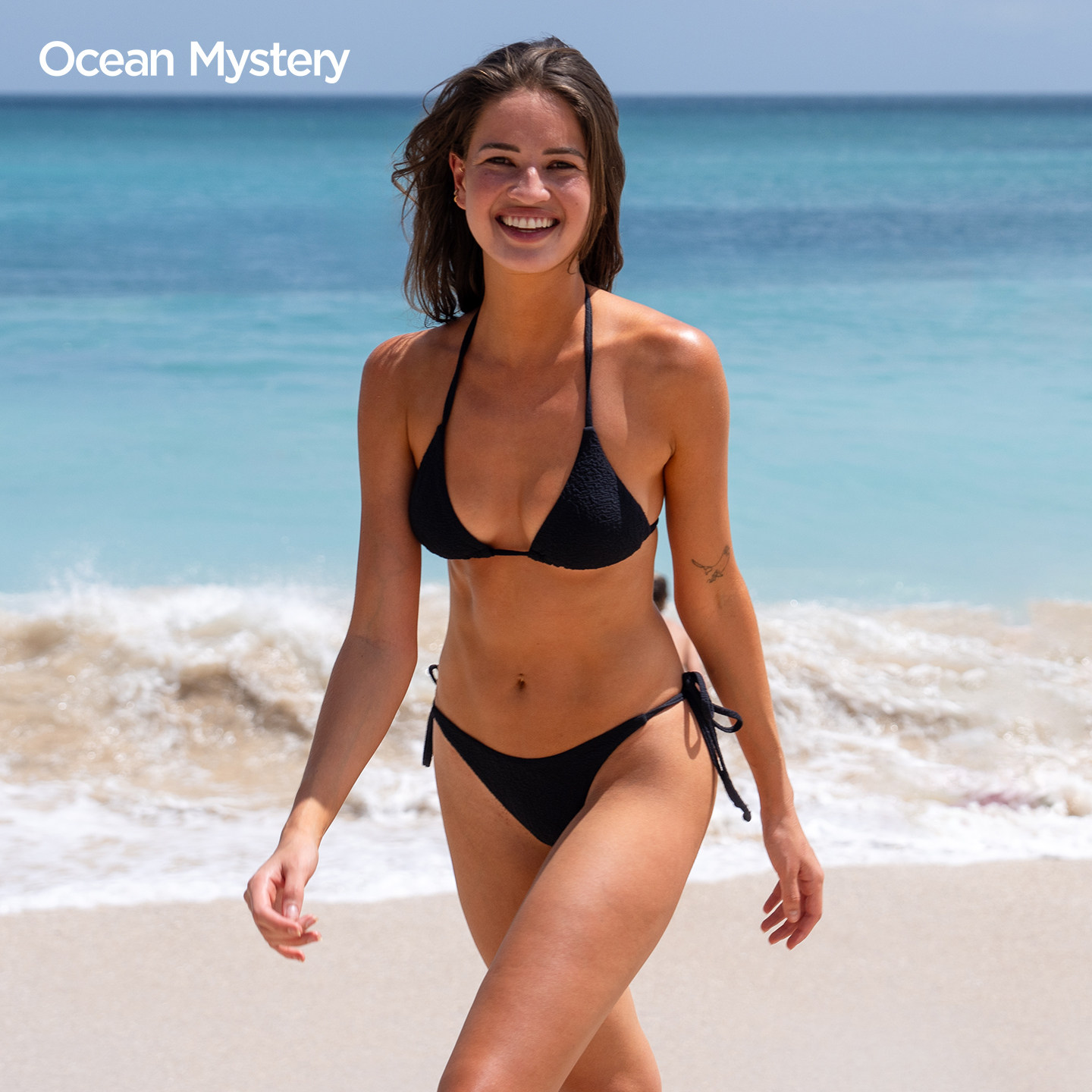 OceanMystery黑白三角杯提花挂脖绑带比基尼显瘦度假高级 泳衣女