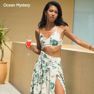 OceanMystery新款印花细肩带沙滩 连衣裙 子女性感开衩泳装外搭裙
