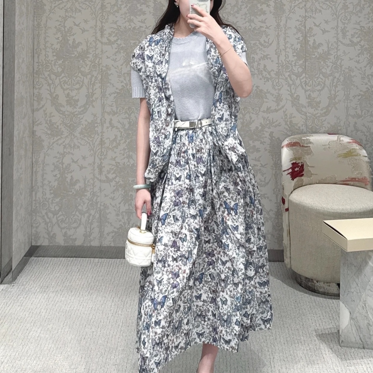 迪家同款蝴蝶花卉印花百褶半身裙