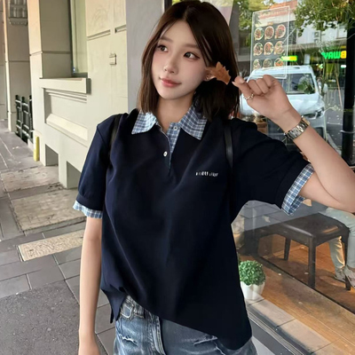 高定格纹拼接翻领假两件短袖T恤