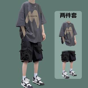 夏季 休闲套装 新品 短袖 男友风一 学生潮流宽松t恤搭配帅气工装 短裤