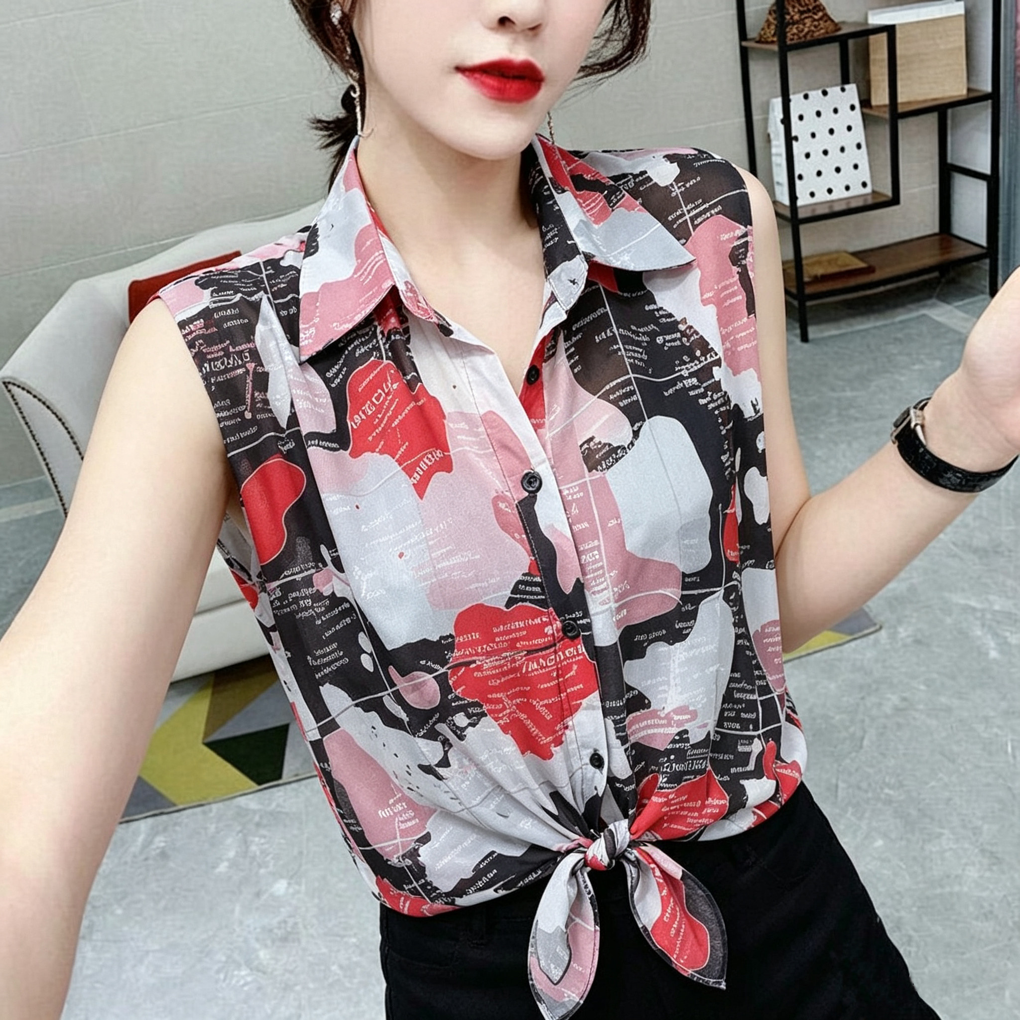 2026新款气质翻领无袖印花衬衫女夏洋气绑结雪纺上衣显瘦百搭包邮
