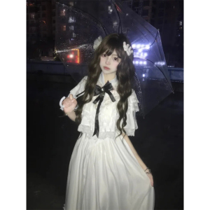 日系甜美千金感连衣裙女夏季2025新款小个子蕾丝拼接蝴蝶结长裙子