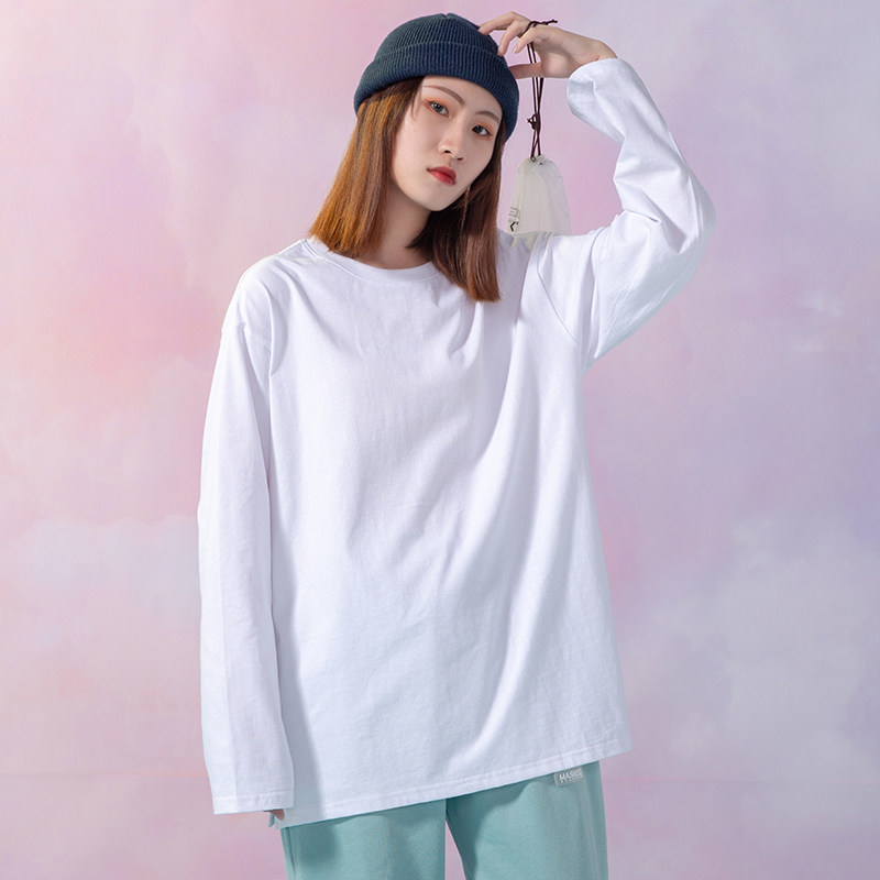 执帅2020年新款纯色纯棉长袖T恤女早秋薄款白色宽松ins打底衫上衣