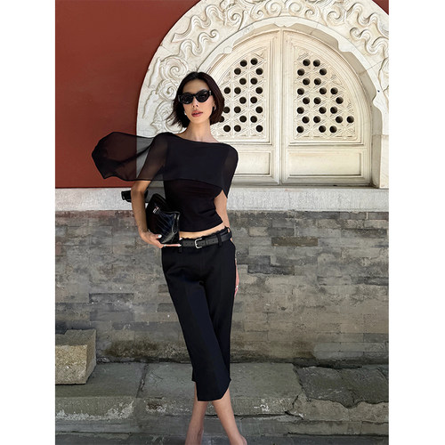 VanessaLab私服黑色气质薄纱披肩背心女夏季收腰露背斗篷短款上衣