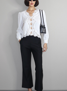 VanessaLab 法式白色泡泡袖镂空拼接蕾丝衬衫女性感V领宽松上衣