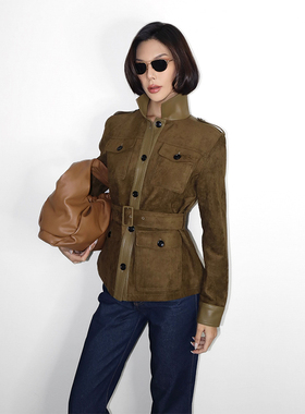 VanessaLab重工Tom Fxxd麂皮绒腰带收腰猎装棕绿色工装夹克外套女