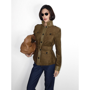 夹克外套女 棕绿色工装 VanessaLab重工Tom Fxxd麂皮绒腰带收腰猎装