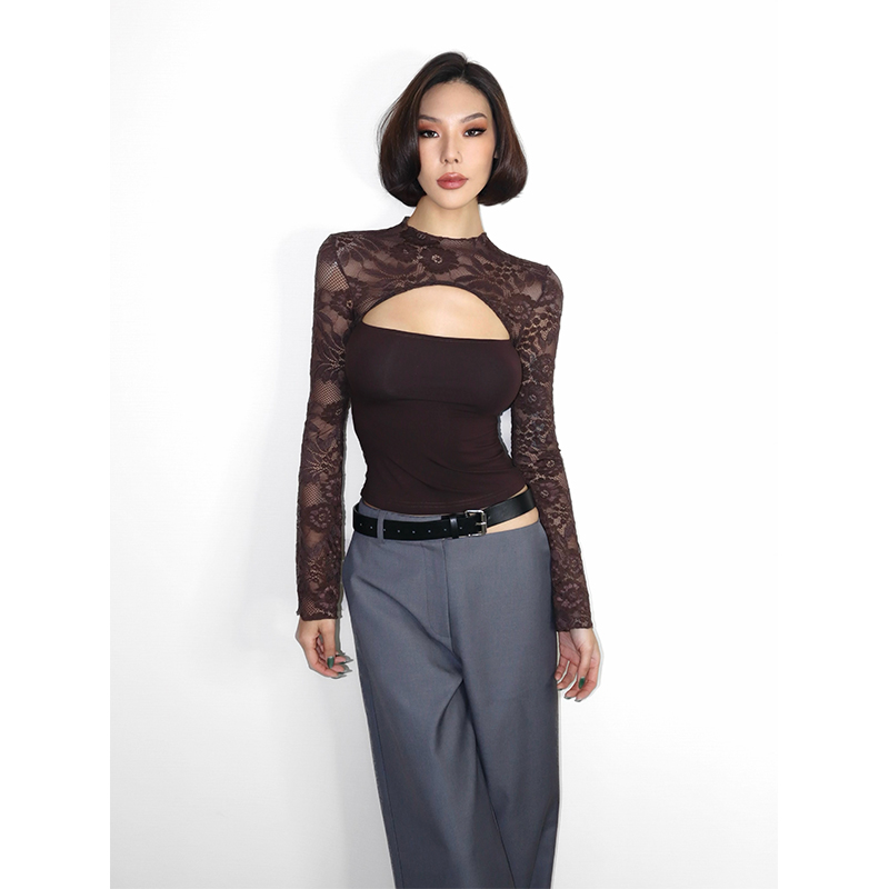 VanessaLab 性感蕾丝拼接小高领喇叭长袖抹胸上衣修身短款t恤女