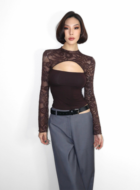 VanessaLab 性感蕾丝拼接小高领喇叭长袖抹胸上衣修身短款t恤女