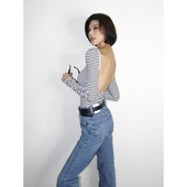 VanessaLab 上衣 短款 秋冬辣妹黑白露背条纹t恤女性感修身 弹力长袖