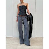 女春高级感宽松斜门襟绑带长裤 灰色低腰微喇显瘦休闲裤 5折