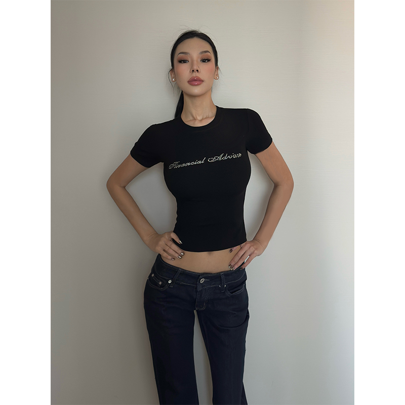 美式辣妹烫钻字母短袖T恤