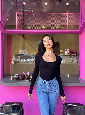 【7折清仓】黑色针织衫女方领插肩上衣打底衫假两件酷女孩模范