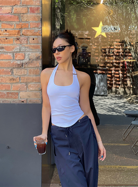 VanessaLab 夏季修身白色性感挂脖t恤女露背弹力背心吊带打底上衣