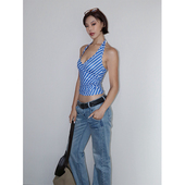 VanessaLab 度假蓝色条纹深v领挂脖露背收腰显瘦修身 背心上衣女