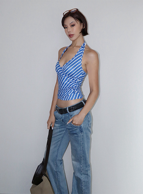 VanessaLab 度假蓝色条纹深v领挂脖露背收腰显瘦修身背心上衣女