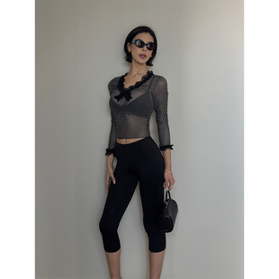 【5折】 法式蕾丝花边拼接小众设计t恤女长袖薄透修身波点上衣