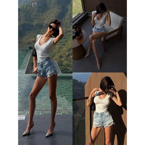 VanessaLab 私服白色极简大U领插肩袖t恤女夏季弹力修身短袖上衣