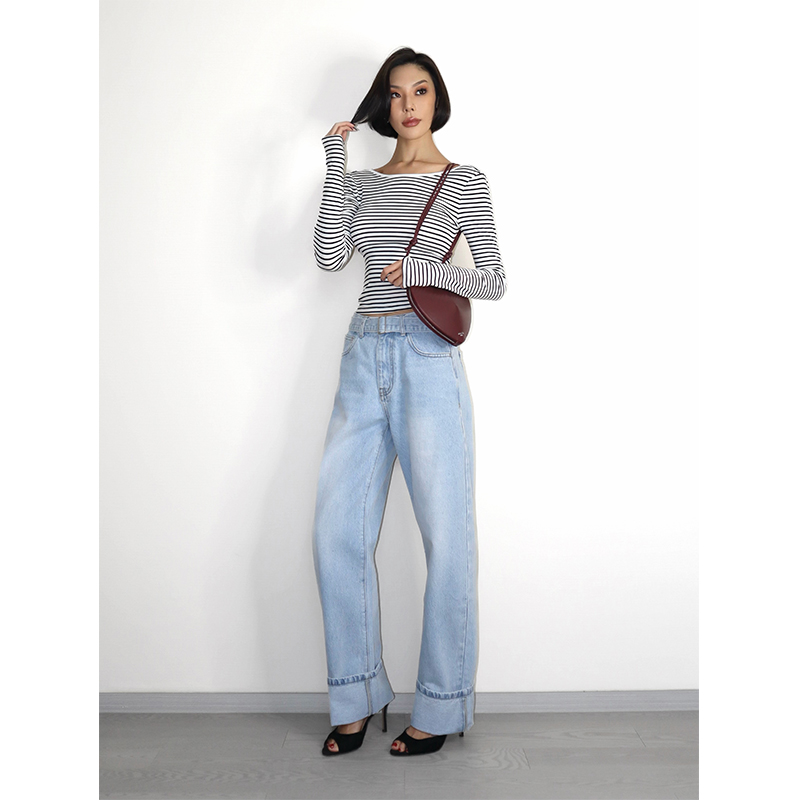 VanessaLab 秋冬浅蓝色宽松卷边牛仔裤女复古裤腿中腰阔腿裤