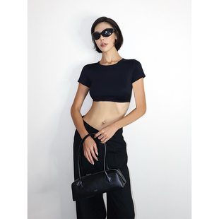t恤女黑色性感辣妹小众超短款 弹力设计感短袖 上衣 夏季 VanessaLab